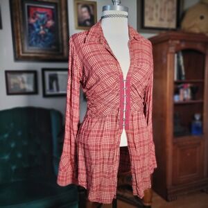 WE THE FREE Womens Red Plaid Bell Sleeve Collared Ruched Blouse - Small